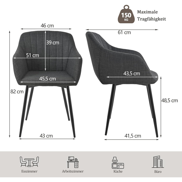 Набір обідніх стільців з підлокітниками, 2 шт., чорно-сірий. М'яке сидіння з поліестеру для кухні, вітальні, спальні
