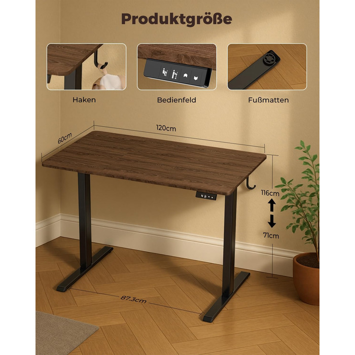 Регульований по висоті письмовий стіл 120x60 см з пам'яттю на 2 режими, стіл для домашнього офісу та геймінгу, колір вінтажний коричневий