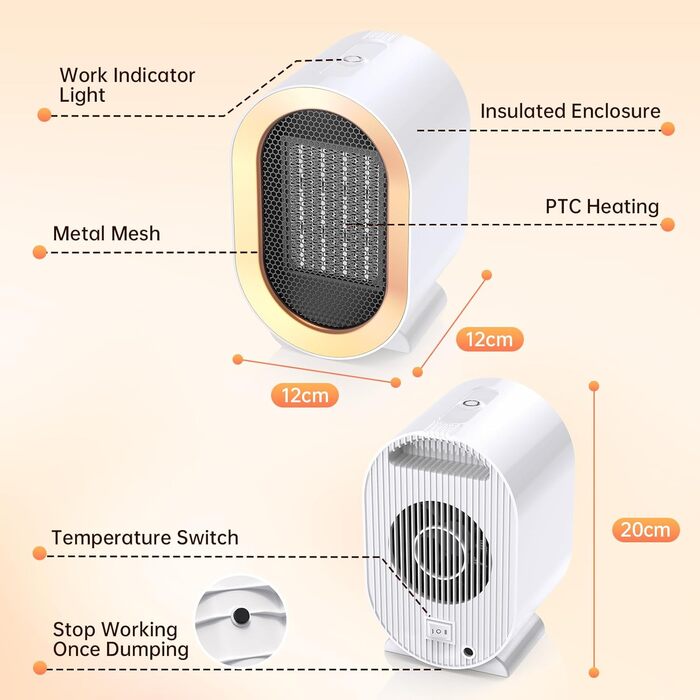 Тепловентилятор Енергозберігаючий 1200 Вт, Портативний керамічний обігрівач PTC Електричний енергозберігаючий Тихий з 2 режимами нагріву, 3 с Швидкий нагрів Маленький економічний тепловентилятор White-0923-1