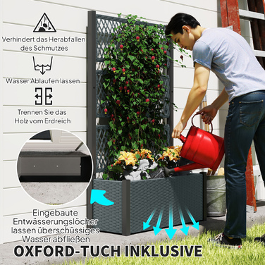 Підвищене грядка з опорою для ліан у стилі ротангу, ящик для квітів з підпірками, 90 x 35 x 148 см, темно-сірий