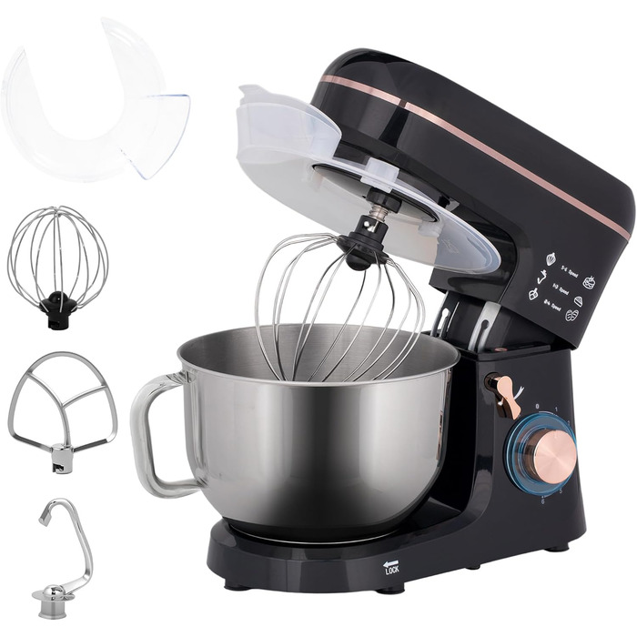 Кухонна машина HOMCOM 1400W з чашею 5.5л з нержавіючої сталі, 6 швидкостей, міксер для тіста, з набором насадок