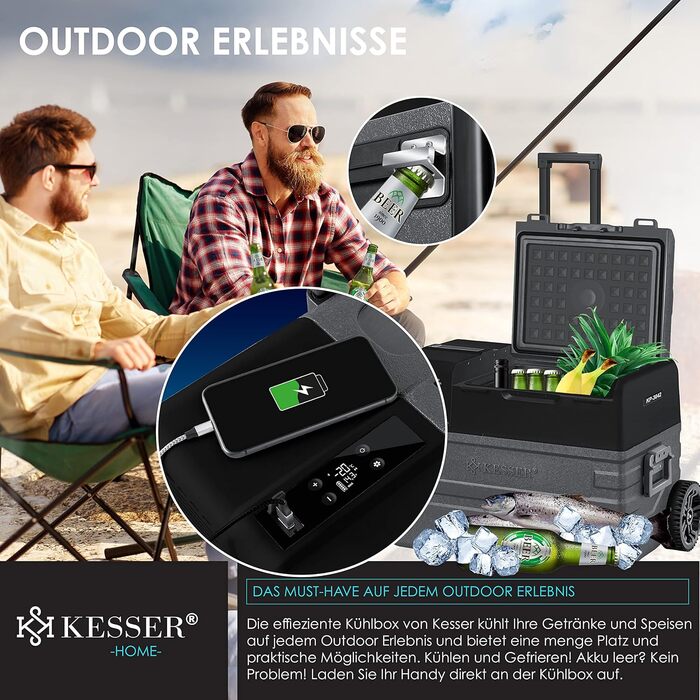 Автомобільний компресорний холодильник KESSER 42L з Wi-Fi, 12/24/230V. Морозильна камера до -20°C, колеса, телескопічна ручка для кемпінгу, фургону, вантажівки + 2 акумулятори холоду