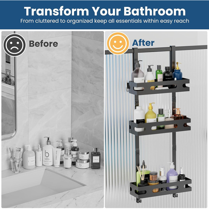 Настінна поличка для душу YEAUPE PRO з 3 ярусами – органайзер для ванної кімнати без свердління, чорний, до 18 кг
