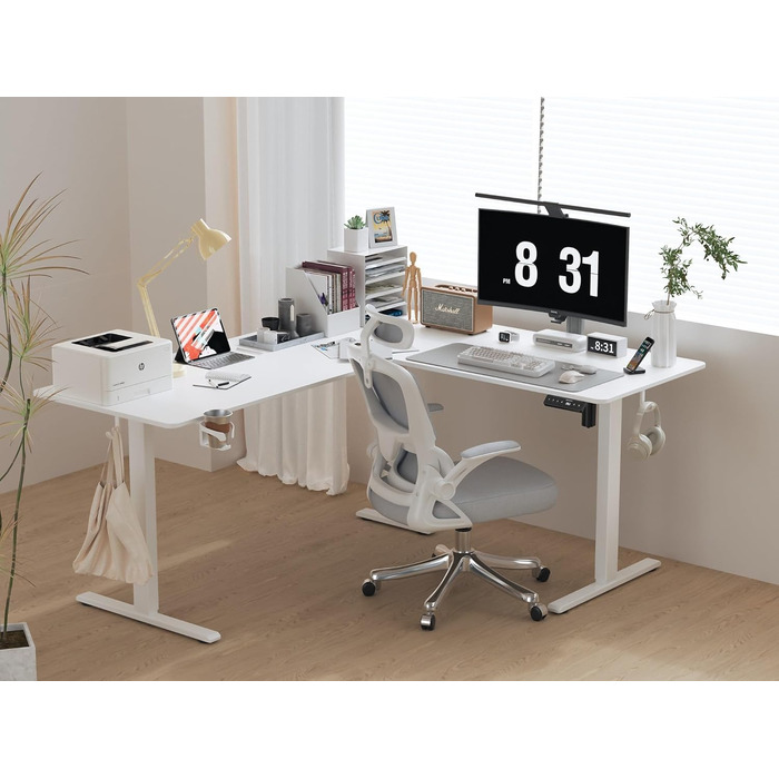 Електричний кутовий стіл L-подібної форми, 190 x 150 см. Регулювання висоти, стіл для офісу, ігровий стіл з керуванням кабелями, білий.