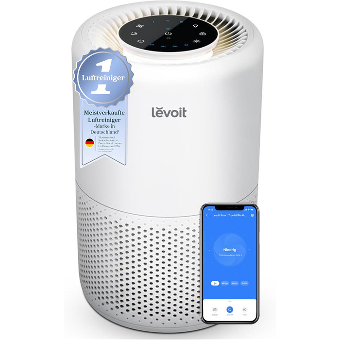 Повітряний фільтр LEVOIT Core 200S: очищувач повітря з HEPA-фільтром, для спальні, з керуванням через додаток, нічний режим та таймер, білий матовий