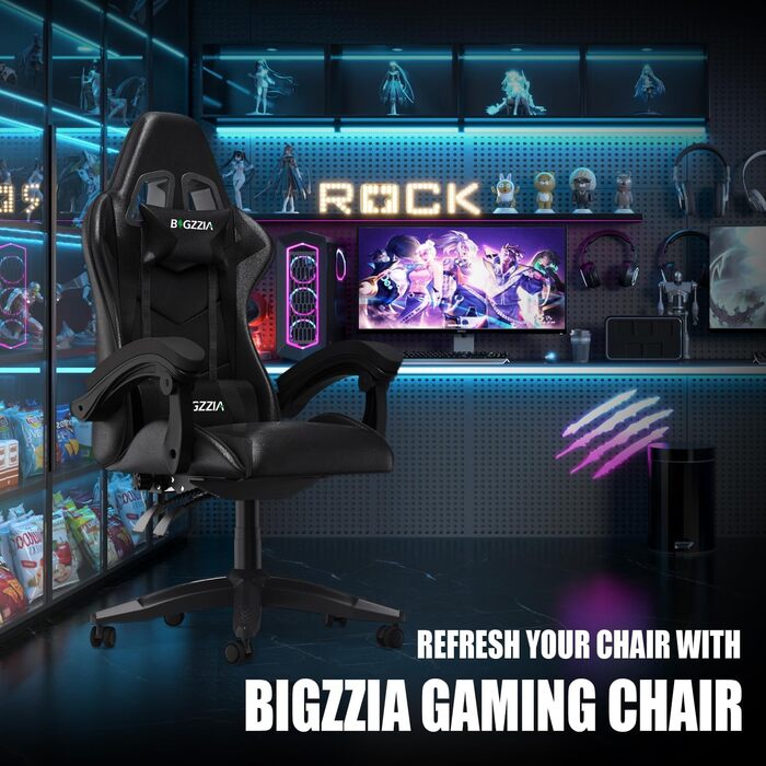 Ігровий крісло Bigzzia Ergonomiczne - Чорний, для геймерів, PC, комп'ютерне, з підголівником та підлокітниками