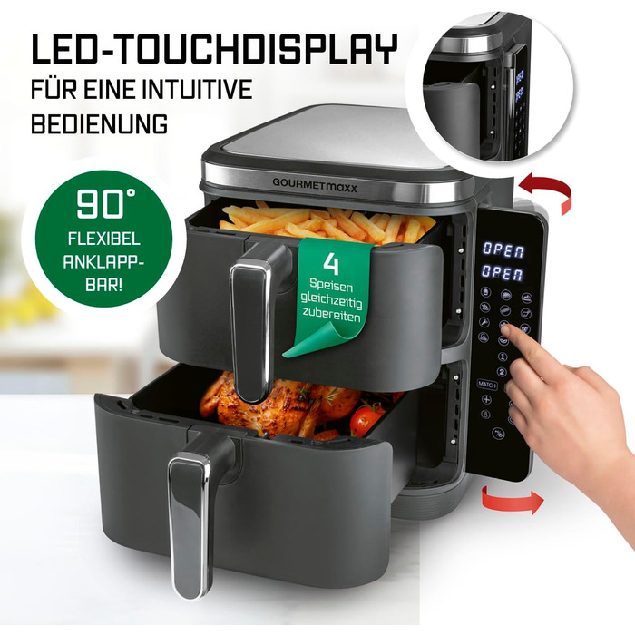 Фритюрниця повітряна GOURMETmaxx з 2 камерами, 10 л, сіра | 2x 5 л | з сенсорним дисплеєм