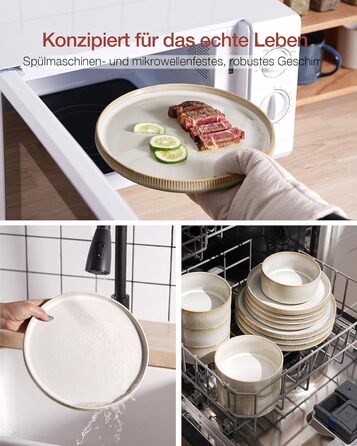 Набір тарілок Star 12 предметів для 4 осіб, керамічний посуд, стійкий до подряпин, для мікрохвильової печі та посудомийної машини, білий капучино