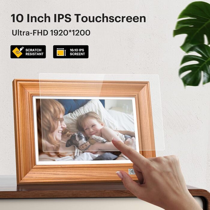 Цифровий фоторамка Kodak 10 дюймів з Wi-Fi, 32GB, IPS HD сенсорний екран, автоповорот, бездротове підключення, фото та відео, безкоштовний додаток (дерево)