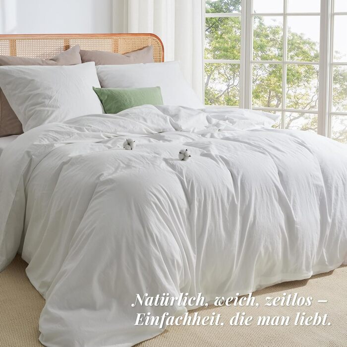 Бетліна 200x220 з бавовни бежевого кольору, супер м'яка, 100% предмита бавовна з льоноподібною структурою, сертифікат ÖKO-TEX. Комплект постільної білизни 200x220 з двома наволочками 80x80 з блискавкою (135x200 см, білий)