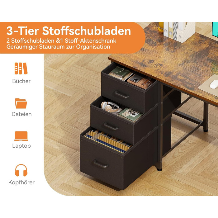 Комп'ютерний стіл Coleshome з ящиками з тканини, 130x48 см, з 2 розетками та 2 USB-портами, з полицею, для офісу/вітальні, коричневий, 130x48x75.7 см