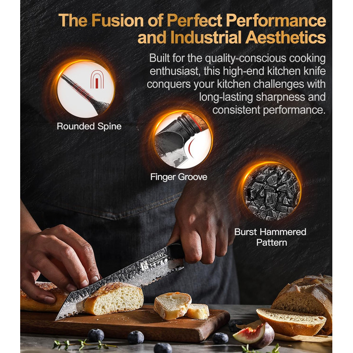 Ніж кухарський XINZUO Damaststahl серії Mo, 19.3 см - професійний, з лезом з дамаської сталі, кухонний ніж, мультифункціональний, з ергономічною ручкою з білого дуба