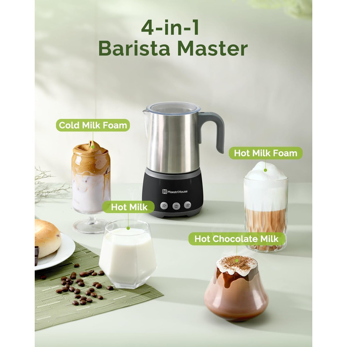 Електричний спінювач молока Maestri House 500 мл 4-в-1 з керуванням Smart Touch, функція пам'яті, для лате, гарячого шоколаду та теплого молока, чорно-сірий