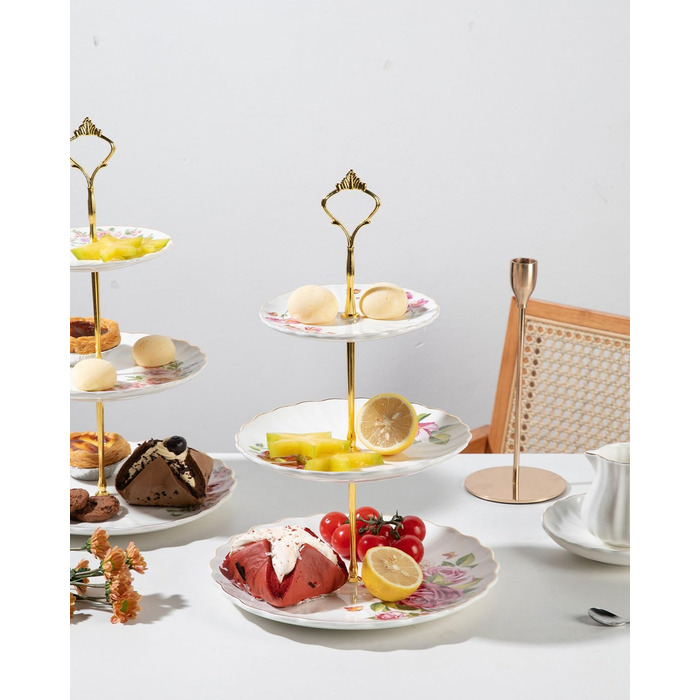 Стійка для тістечок Sweejar Home 3-ярусна керамічна, етажерка для тортів, десертів, капкейків, чаювання, сервірування їжі (свіжі квіти)