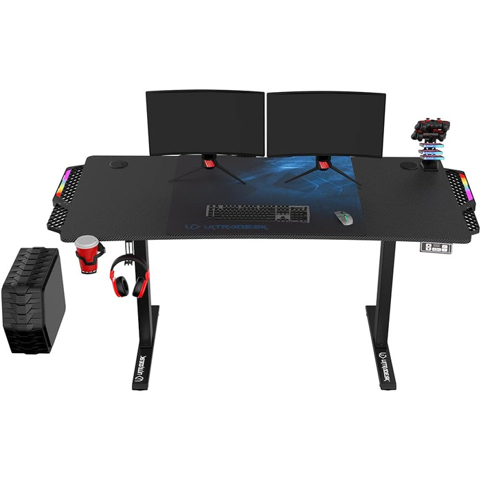 ULTRADESK Стіл для роботи Level V2 - Регульована висота, 140x68 см, з підсвіткою, для геймінгу, офісу, дому - з XL-килимком для миші (Синій)