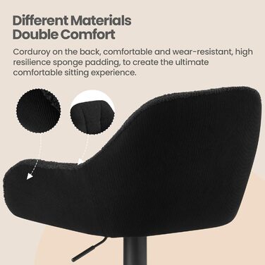 Набір з 2 барних стільців WOLTU, регульована висота, з підніжкою, обертаються, з м'яким сидінням, чорний, метал, Chenille Cord