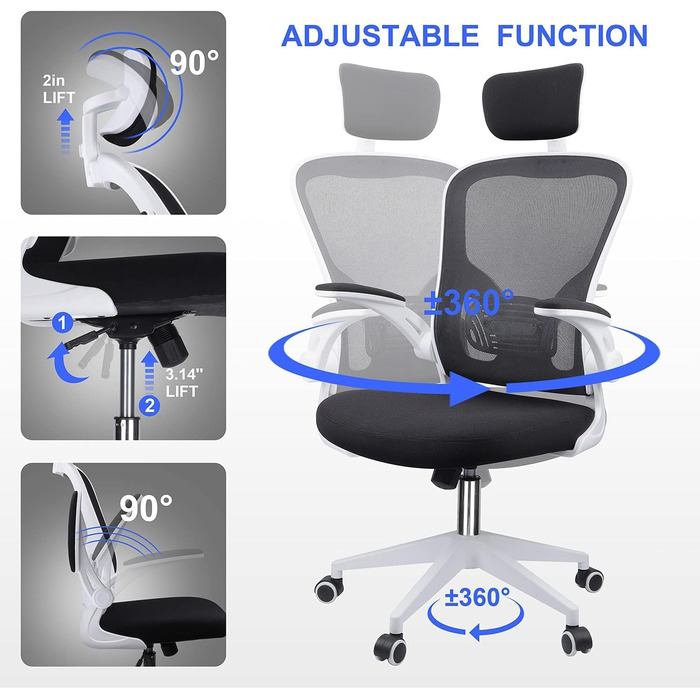 Ергономічне крісло для офісу та дому: комп'ютерне крісло з регульованою підголівником та поперековою підтримкою, до 150 кг, білий колір, Basic