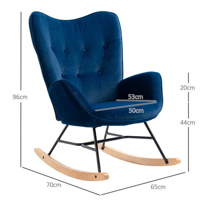 Крісло-гойдалка HOMCOM з капюшоном Rocking Chair Велика комфортність Підлокітники Сидіння Спинка оббита високощільним велюром Синій | Aosom