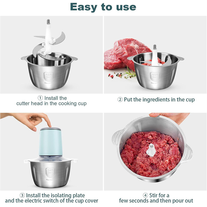 Електричний подрібнювач для кухні з великою ємністю 148W: 2 швидкості, 2л контейнер з нержавіючої сталі, 4 ножі з нержавіючої сталі. Подрібнювач для м'яса, цибулі, фруктів та овочів