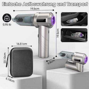 Акумуляторний ручний пилосмок для авто та дому 22000Па, безщітковий двигун, з функцією видування, 3 HEPA-фільтрами та набором щіток