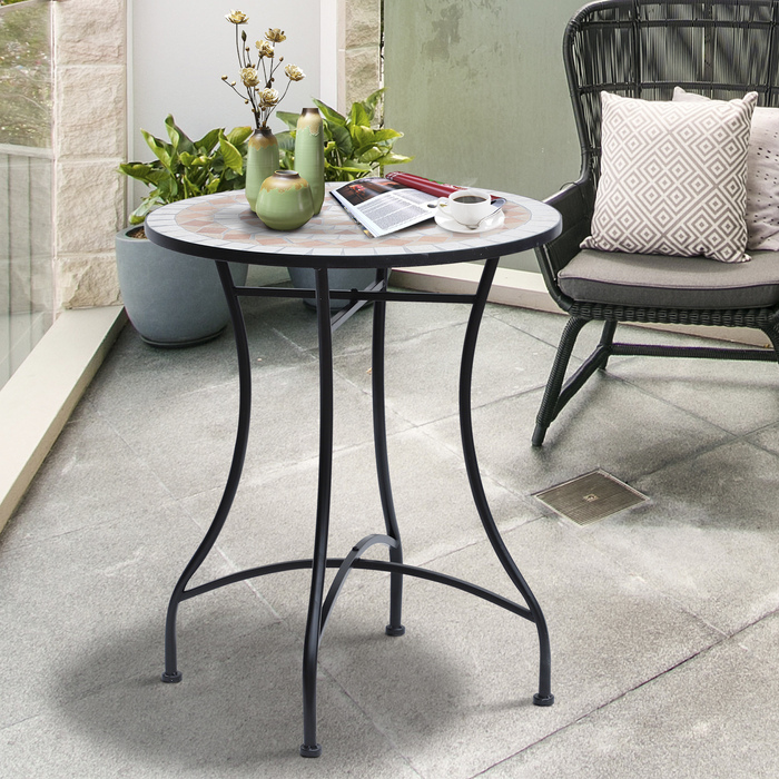 Мозаїчний стіл Outsunny Garden Table круглий Ø60 см, Балконний стіл Журнальний столик зі сталі та кераміки в помаранчевому та білому кольорах, висота 71 см для саду та балкона