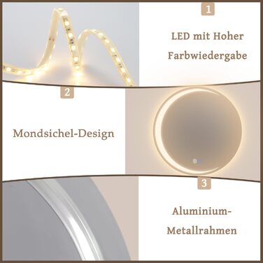 Круглий LED-дзеркало для ванної кімнати Mursche з підсвічуванням, 60 см, IP44, сенсорне регулювання, протизапотівальне покриття, 70x70 см