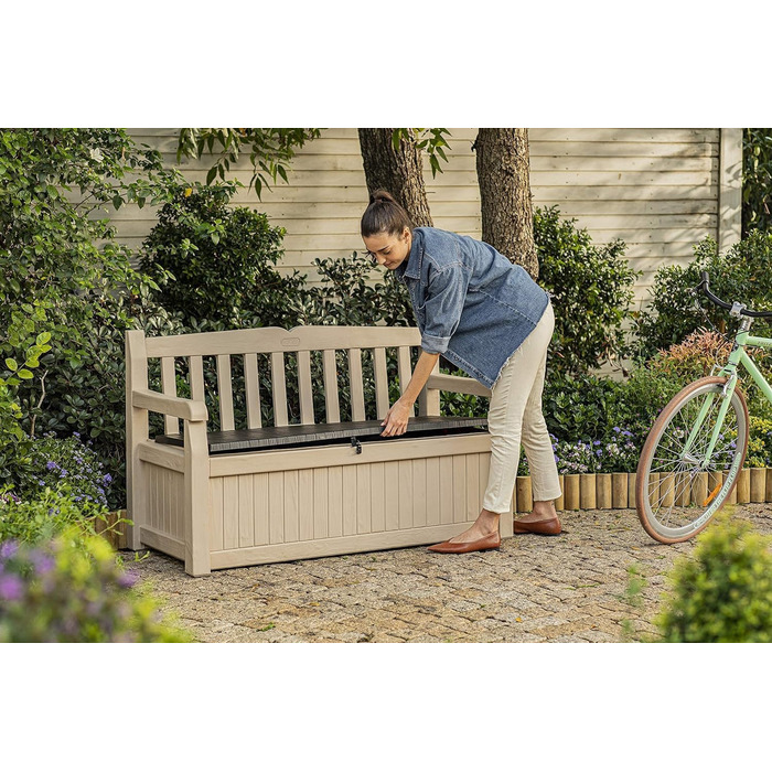 Стілець-лавка Keter Eden для балкона та саду, садовий стілець з вбудованою коробкою для зберігання з об'ємом 265 л, 140x60x84 см, вологостійкий, легкий у догляді, бежевий, для вулиці, з імітацією дерева
