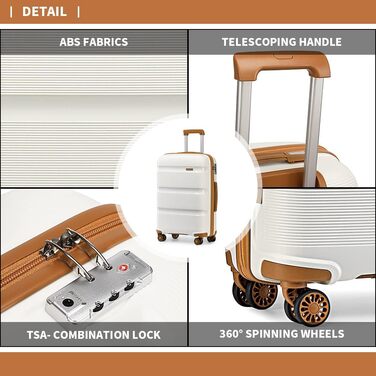 KONO Валіза ручної поклажі: жорсткий корпус, поліпропілен, TSA-замок, 4 колеса, кремовий колір