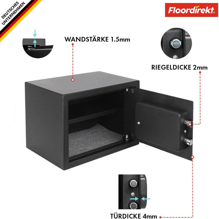 Мобільний сейф Floordirekt Tresor Grasberg: захист для дому, 20x31x20 см, антрацит, електронний та комбінаційний замок, настінний сейф з болтами та ключем