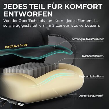 Ігровий крісло Dowinx з регульованою висотою масажного поперекового підпорки, ергономічний дизайн, м'яка мікрофібра велюр, посилене сидіння, підголівник та підніжка в комплекті, кут нахилу 155°, чорний/титан