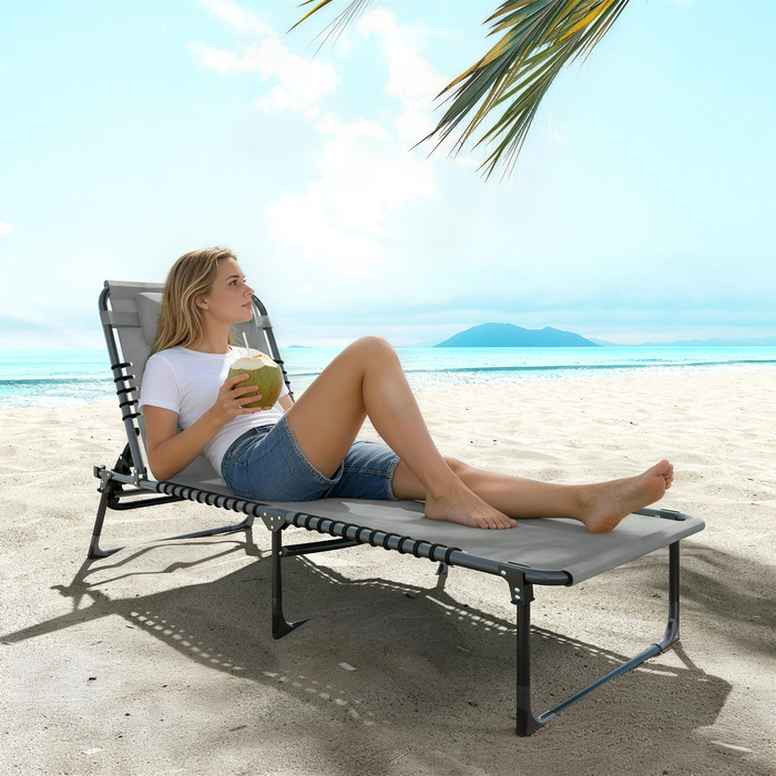 Шезлонг для відпочинку, розкладний, з дихаючою оббивкою, металевий каркас, 189 x 58 x 30 см, світло-сірий