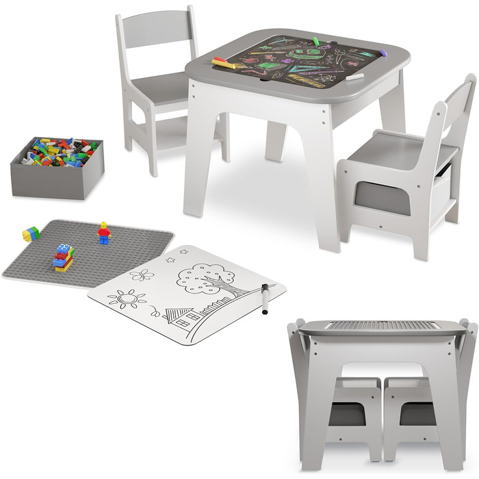 Дитяча меблева група Juskys Milou: стіл та 2 стільці - дерев'яний дитячий столик з місцем для зберігання, сірий колір