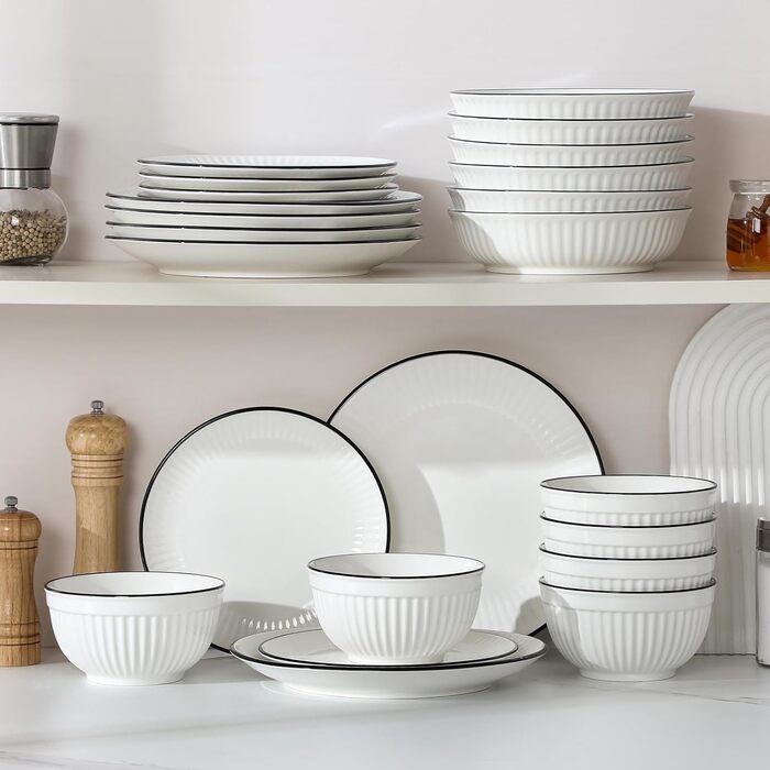 Набір посуду MALACASA LEILA 6 осіб, 24 частини: тарілки, миски, порцеляна, білий з чорним обідком