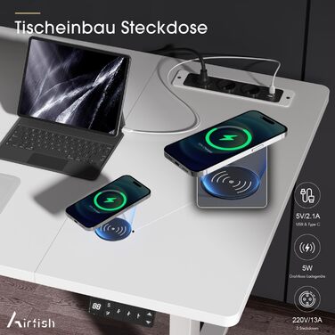 Електричний стіл Airfish з регулюванням висоти (140x70 см) з бездроговою зарядкою, комп'ютерний стіл, пам'ять на 3 функції, нагадування про відпочинок, білий. Також доступний розмір 180x80 см.