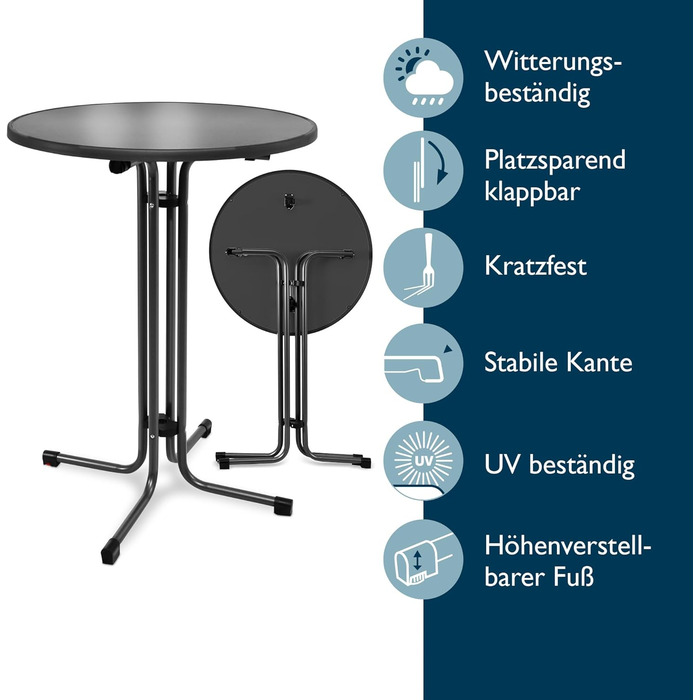 Стіл Beautissu розкладний Ø 70 см білий Bellini – стійкий, вологостійкий, легко збирається. Підходить для вулиці, відпочинку, вечірок. Діаметр 70 см, висота 60/80 см.