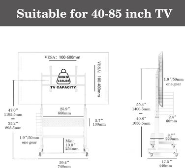 Підставка для телевізора FITUEYES на колесах, регульована по висоті, для 40-85 дюймів, VESA 600x400, 60 кг, бежева