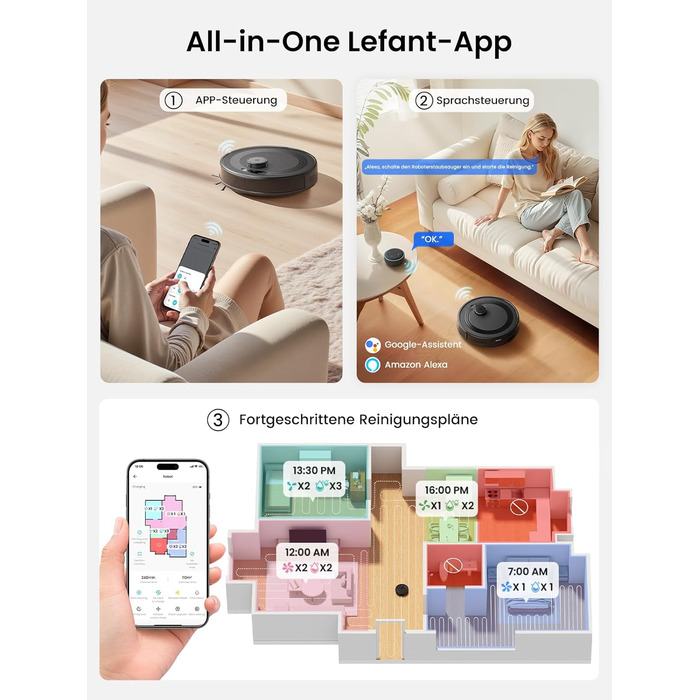 Робот-пилосос LEFANT M2 Pro з вологою тканиною, 5000Pa, лазерна навігація, LiDAR dToF, 150 хв, розпізнавання килимів, керування через додаток/голос, для видалення шерсті тварин, чорний