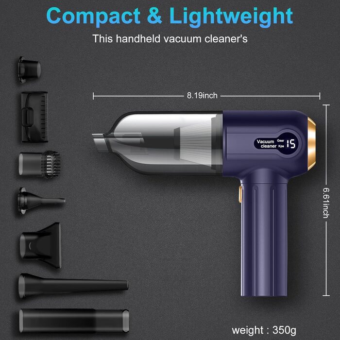 Ручний пилосос Ledeak Акумуляторний, Автомобільний пилосос 3 в 1 Strong, Пилосос 15000PA Маленький, багатофункціональний акумуляторний автомобільний пилосос з цифровим дисплеєм для автомобіля, дому, шерсті домашніх тварин