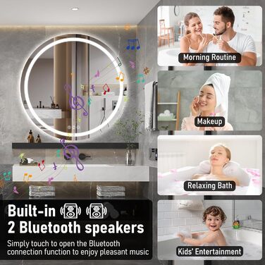 Дзеркало для ванної кімнати з підсвічуванням, 60 см, кругле, з антизапарюванням, регульоване, 3 кольори світла (80x80 см, Bluetooth, антизапар, диммування, 3 кольори)