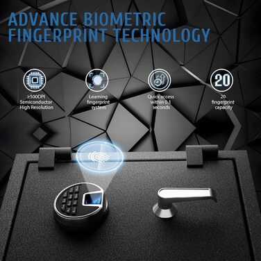 Biometричний сейф WASJOYE з захистом від вогню: відбиток пальця, цифрова клавіатура, USB-зарядка, 40L, для дому, офісу, готелю