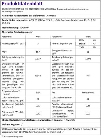 Mini посудомийна машина AIRMSEN з 8+3 програмами, 5л, система пом'якшення води, таймер, дитячий замок, білий/чорний