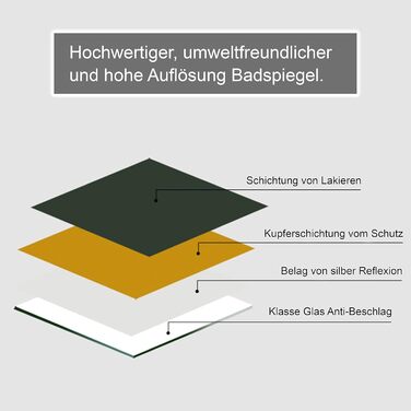 Дзеркало для ванної кімнати Puchika з підсвічуванням, LED-дзеркало 50x70 см, регульоване, тепле/холодне/нейтральне світло 3000-6400K, IP44, A+, сенсорне керування, 3 кольори світла