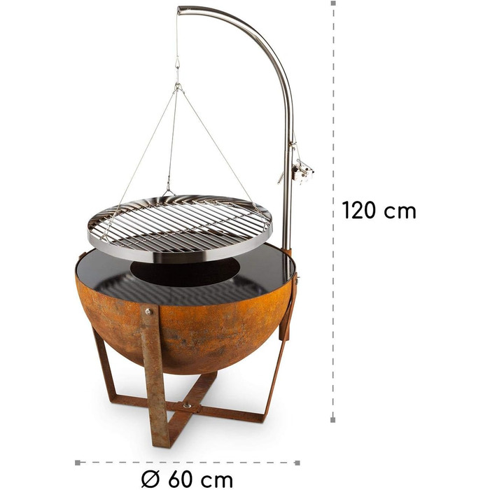 Камінна чаша blumfeldt Fire Globe з грилем, кільце для гриля Ø 59 см, камінна чаша Ø 60 см, решітка для гриля Ø 59 см, розміри 60 х 120 см (ШхВ), б/в, вигляд штучна іржа, плавно регульована по висоті, коричневий