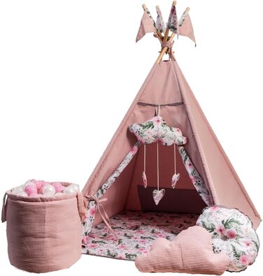 Дитячий намет-тіпі з килимком, подушкою та м'ячами - Тіпі для дитячої кімнати, ігровий будиночок для дівчаток, намет-тіпі для дітей, ігрові прилади для дому - Рожевий сад