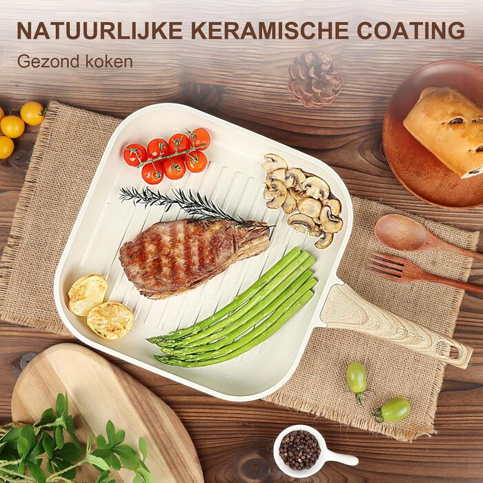 Сковорода-гриль GiPP 28 x 28 см з антипригарним покриттям, для стейків, сумісна з індукцією, без PFOA, для всіх плит, легко миється, біла