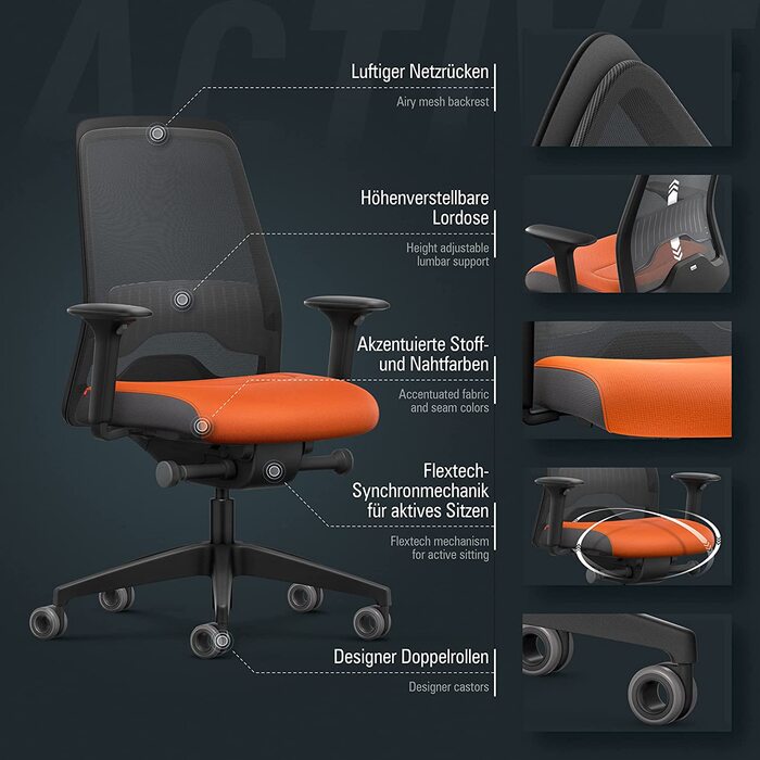 Офісне крісло Interstuhl Every Active Edition – регульована поперекова підтримка, комфортне та активне сидіння (зелений | чорний) (антрацит | помаранчевий)