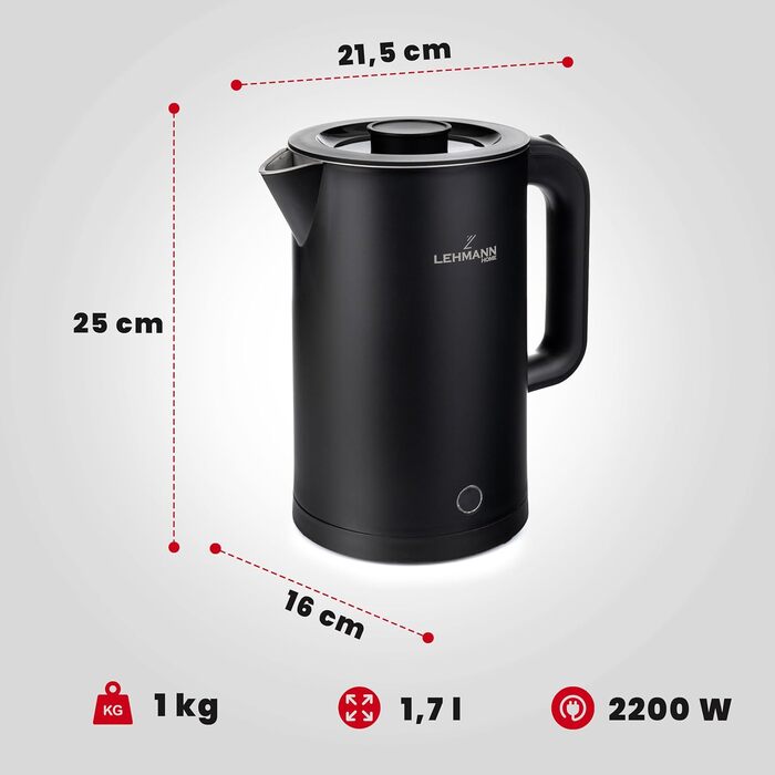 Електричний чайник Lehmann Edelstahl 1.7L, 2200W, чорний: швидкий нагрів, подвійні стінки, захист від перегріву, BPA-free, для дитячого харчування, чаю та кави