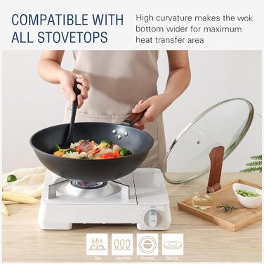 Кордісен Вок з антипригарним покриттям 33 см, 5.6 л з кришкою, без хімічного покриття, попередньо приправлений, підходить для індукційних, електричних та газових плит