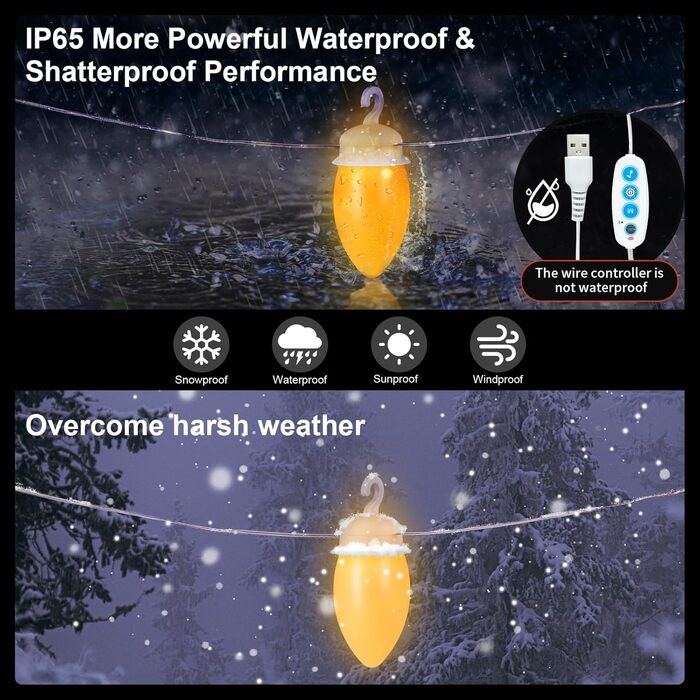 LED гірлянда для вулиці з таймером, 25+2 лампочки G40, 4 режими, димування, вологостійка, тепле світло, 15м, USB