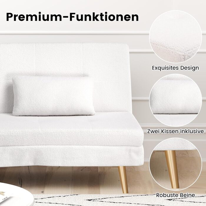 Диван-ліжко LUCKRACER 3-місний з функцією сну, обтягнутий штучним оксамитом (Teddy Velvet), білий. Ідеальний для вітальні та квартири.